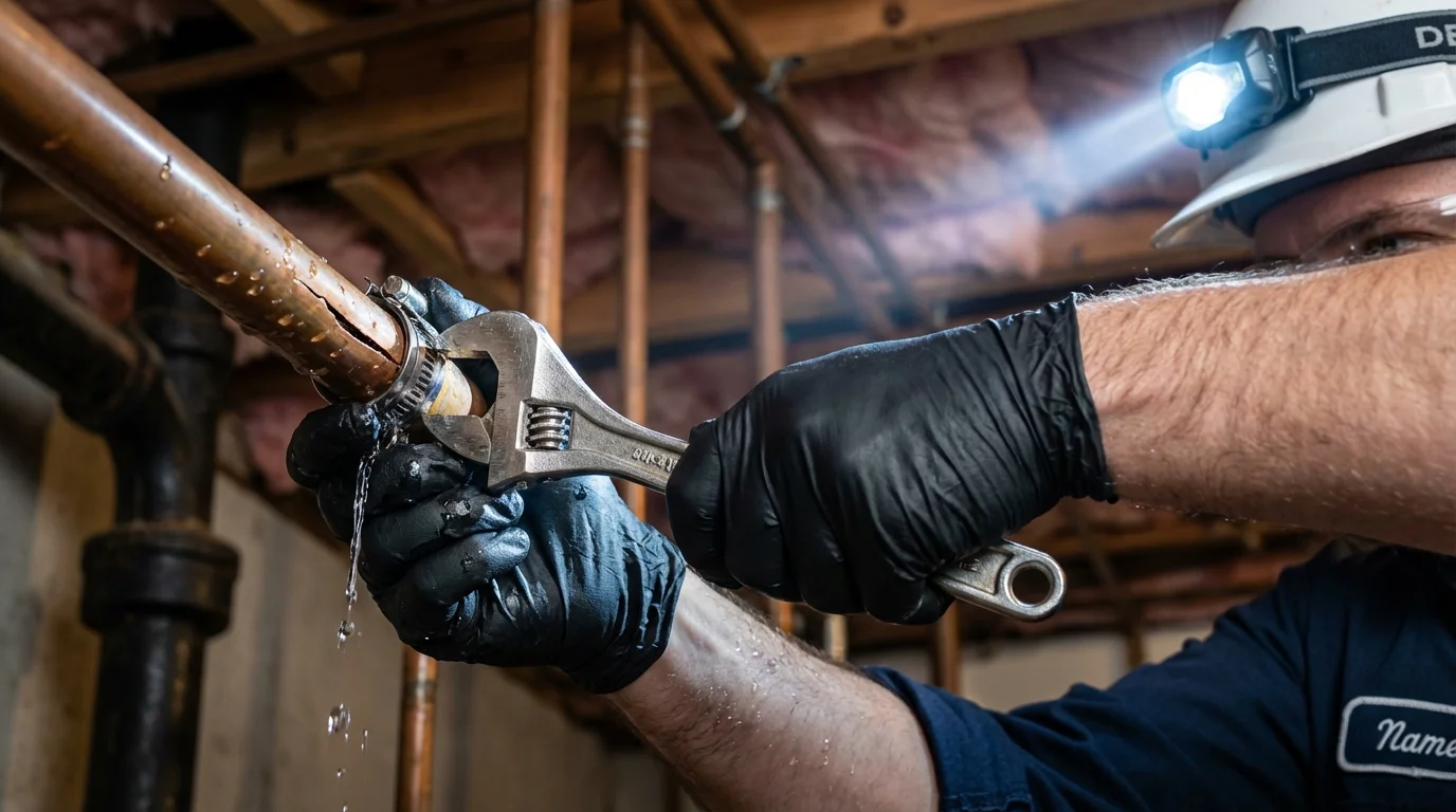 Emergency pipe clamp repair being performed by a Johns Plumbing LLC plumber in Surprise