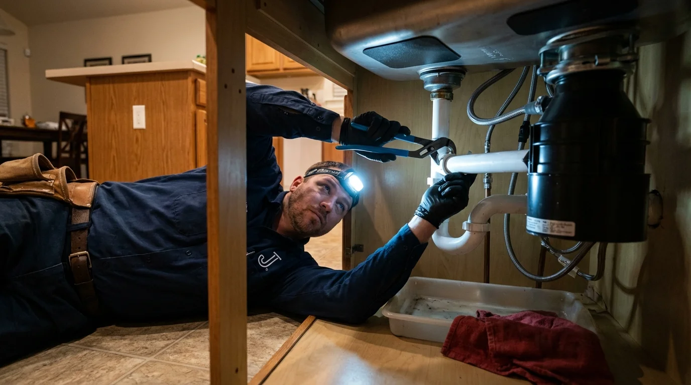 P-trap and supply line connections under a kitchen sink showing a common leak point in Surprise, AZ